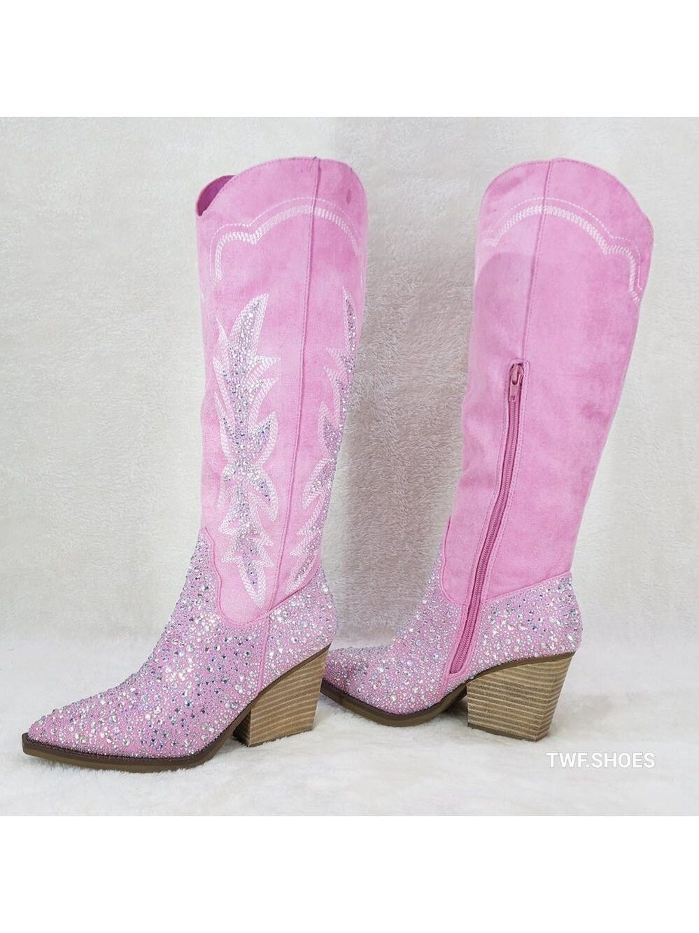 Anniston Baby Pink / Rhinestones Glamour Country Western Cowgirl Knee Boots - Picture 11 of 17
